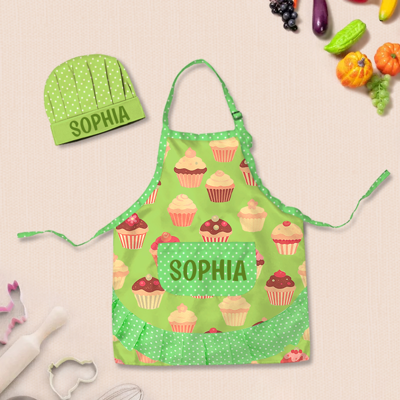 Personalized Cupcake Polka Dot Patchwork Adjustable Kid Apron Chef Hat Set with Pocket and Name for Cooking Baking Birthday Holiday Gift for Kids