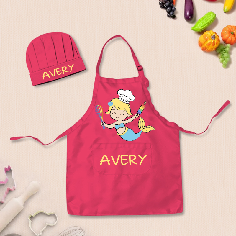 Personalized Mermaid Adjustable Kid Apron Chef Hat Set with Pocket and Name for Cooking Baking Birthday Holiday Gift for Kids