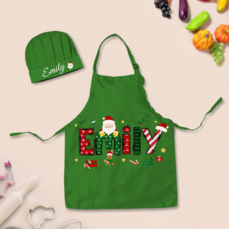Personalized Christmas Adjustable Kid Apron Chef Hat Set with Pocket and Name for Cooking Baking Birthday Holiday Gift for Kids