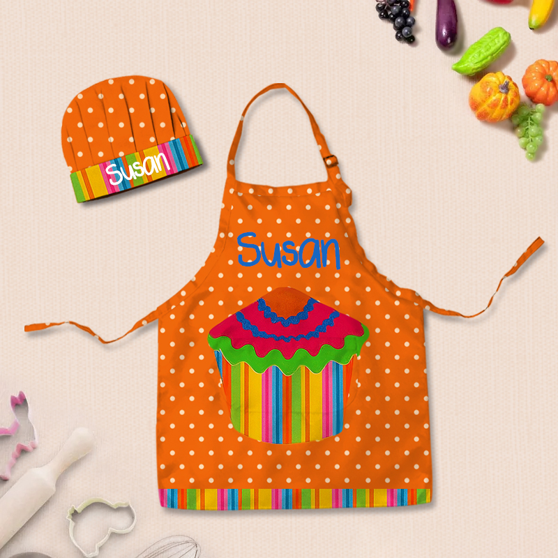 Personalized Colorful Polka Dot Cake Adjustable Kid Apron Chef Hat Set with Pocket and Name for Cooking Baking Birthday Holiday Gift for Kids