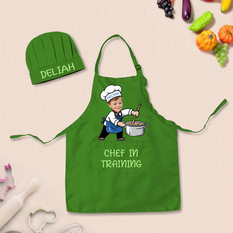 Personalized Fun Cooking Positions Adjustable Kid Apron Chef Hat Set with Pocket and Name for Cooking Baking Birthday Holiday Gift for Kids