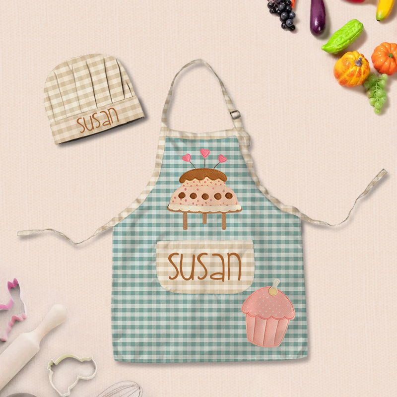 Personalized Checkered Cake Adjustable Kid Apron Chef Hat Set with Pocket and Name for Cooking Baking Birthday Holiday Gift for Kids