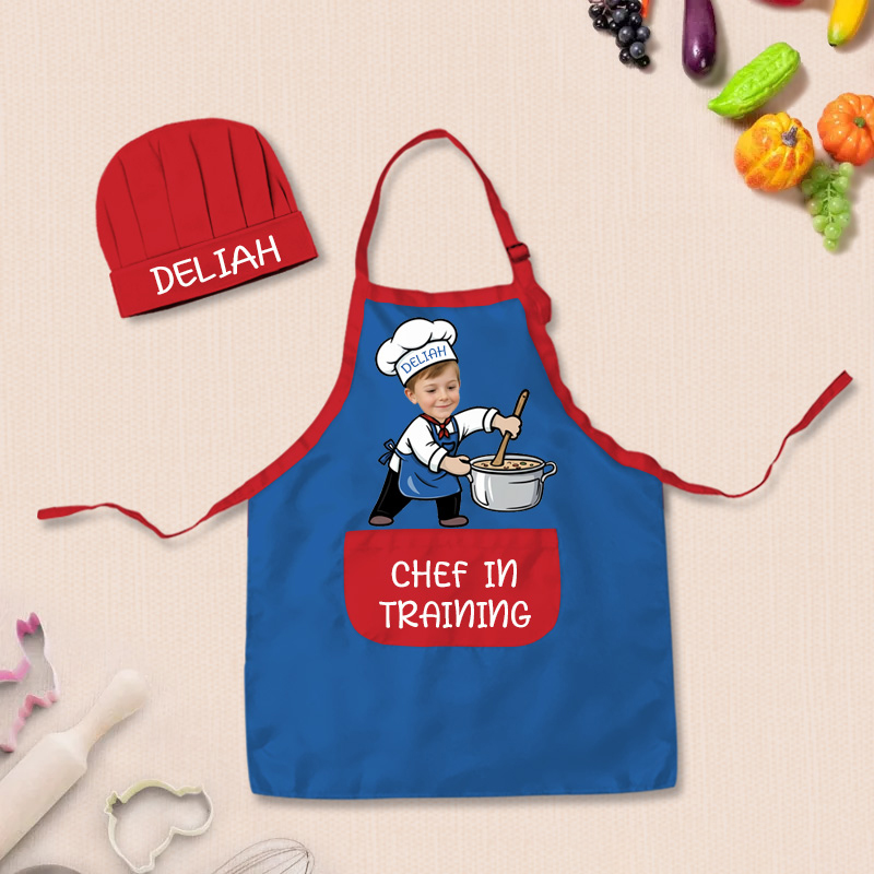 Personalized Fun Cooking Positions Adjustable Kid Apron Chef Hat Set with Pocket and Name for Cooking Baking Birthday Holiday Gift for Kids