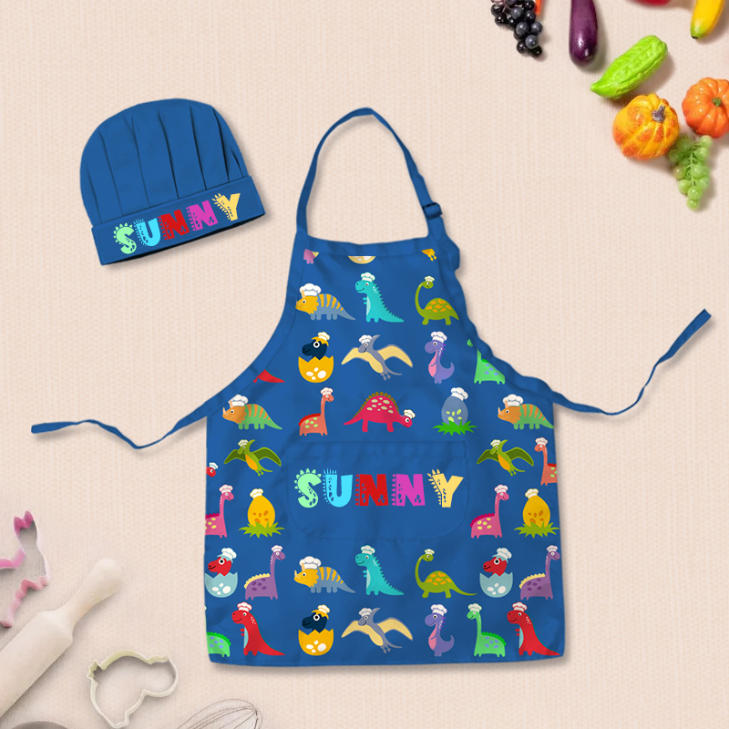 Personalized Fun Cartoon Dinosaur Adjustable Kid Apron Chef Hat Set with Pocket and Name for Cooking Baking Birthday Holiday Gift for Kids