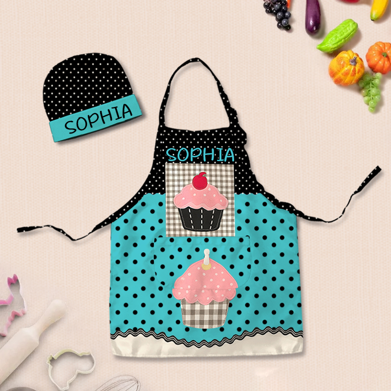 Personalized Polka Dot Color Block Cake Adjustable Kid Apron Chef Hat Set with Pocket and Name for Cooking Baking Birthday Holiday Gift for Kids