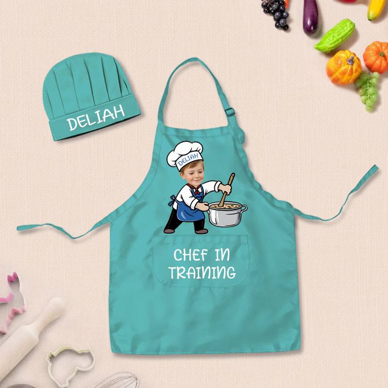 Personalized Fun Cooking Positions Adjustable Kid Apron Chef Hat Set with Pocket and Name for Cooking Baking Birthday Holiday Gift for Kids