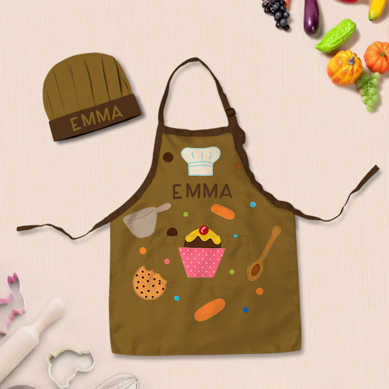 Personalized Cooking Elements Adjustable Kid Apron Chef Hat Set with Pocket and Name for Cooking Baking Birthday Holiday Gift for Kids