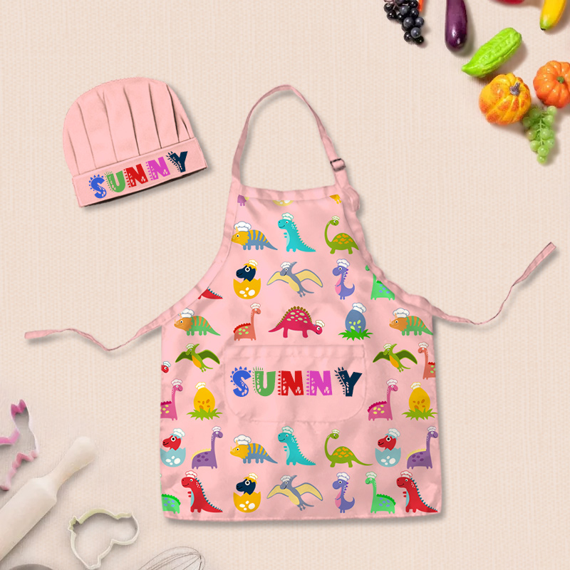 Personalized Fun Cartoon Dinosaur Adjustable Kid Apron Chef Hat Set with Pocket and Name for Cooking Baking Birthday Holiday Gift for Kids