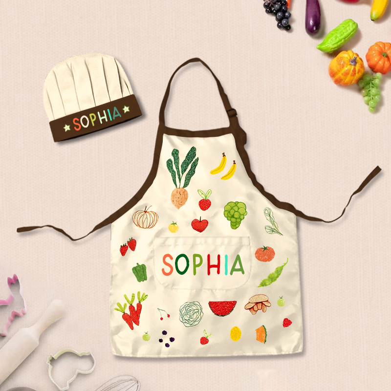 Personalized Hand Drawn Fruits Vegetables Adjustable Kid Apron Chef Hat Set with Pocket and Name for Cooking Baking Birthday Holiday Gift for Kids