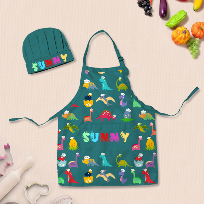 Personalized Fun Cartoon Dinosaur Adjustable Kid Apron Chef Hat Set with Pocket and Name for Cooking Baking Birthday Holiday Gift for Kids