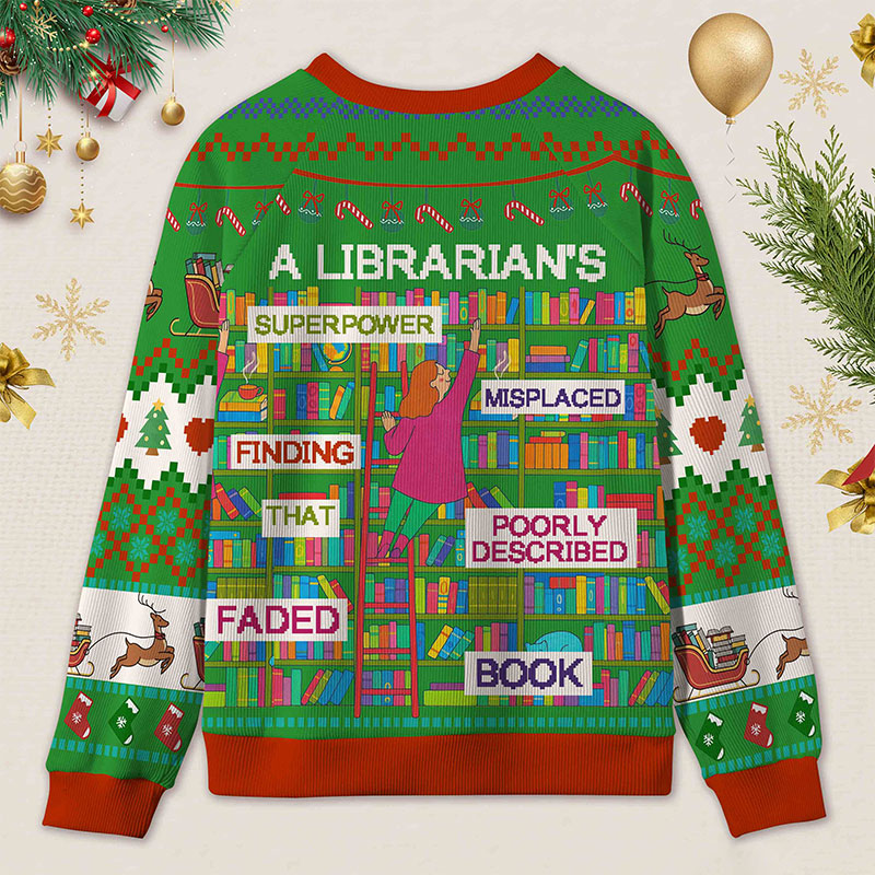 Personalized Librarian Superpowers Funny Ugly Sweater Office Holiday Party Gift for librarian