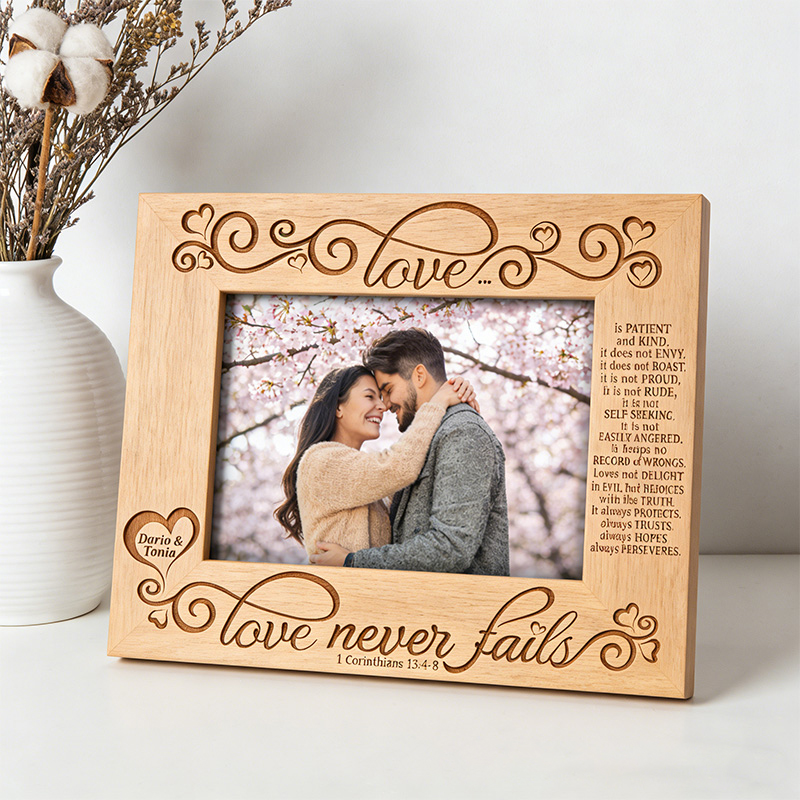 Personalized Love Never Fails Picture Frame with Custom Names Christian Corinthians 13:4-8 Picture Frame Wedding Gift Valentines Day Gift for Couple