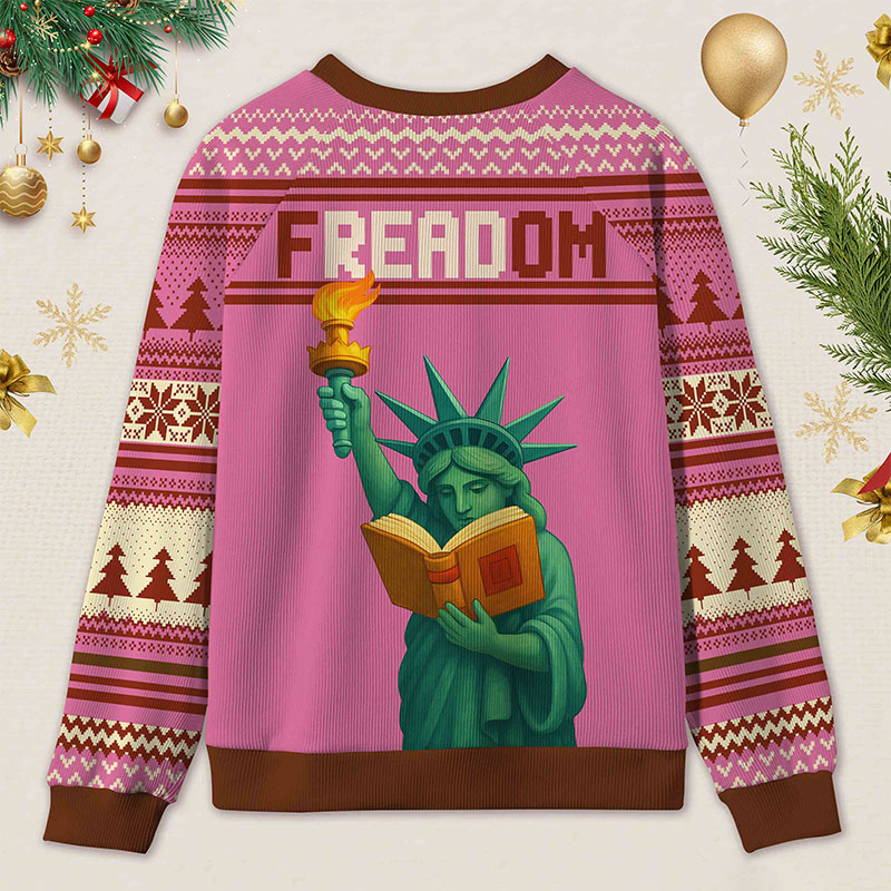 Personalized Reading Freedom Statue Fun Ugly Sweater Holiday Gift for Book Lovers