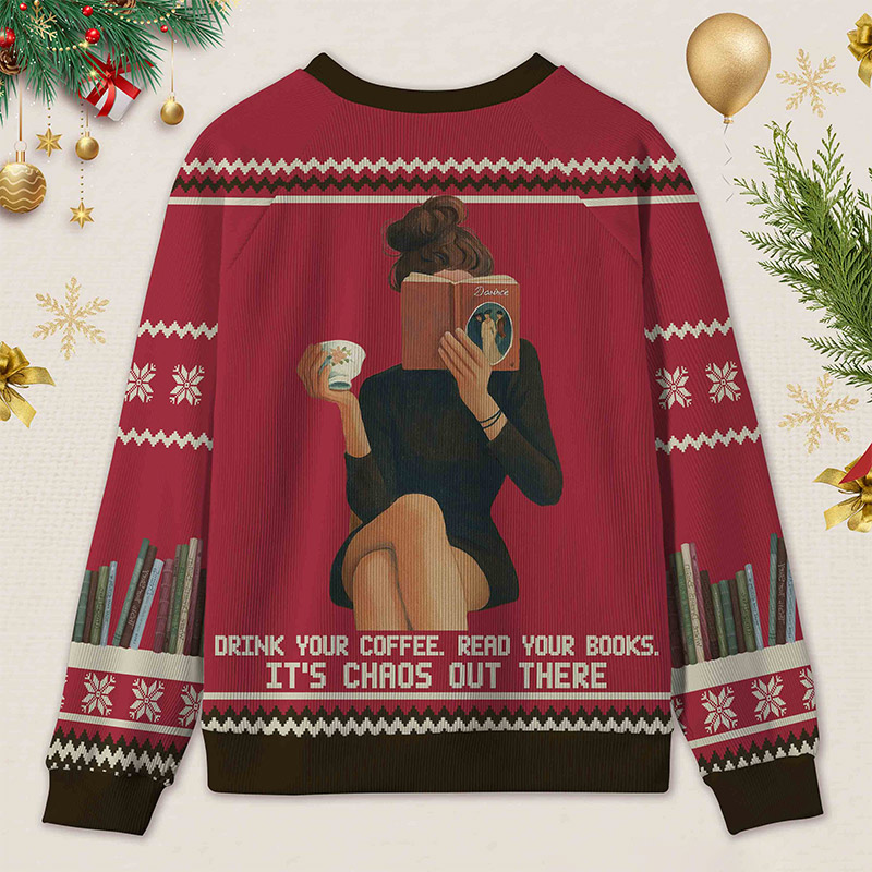 Personalized Bookish Barista Tranquil Reading Ugly Sweater Holiday Gift for Book Lovers
