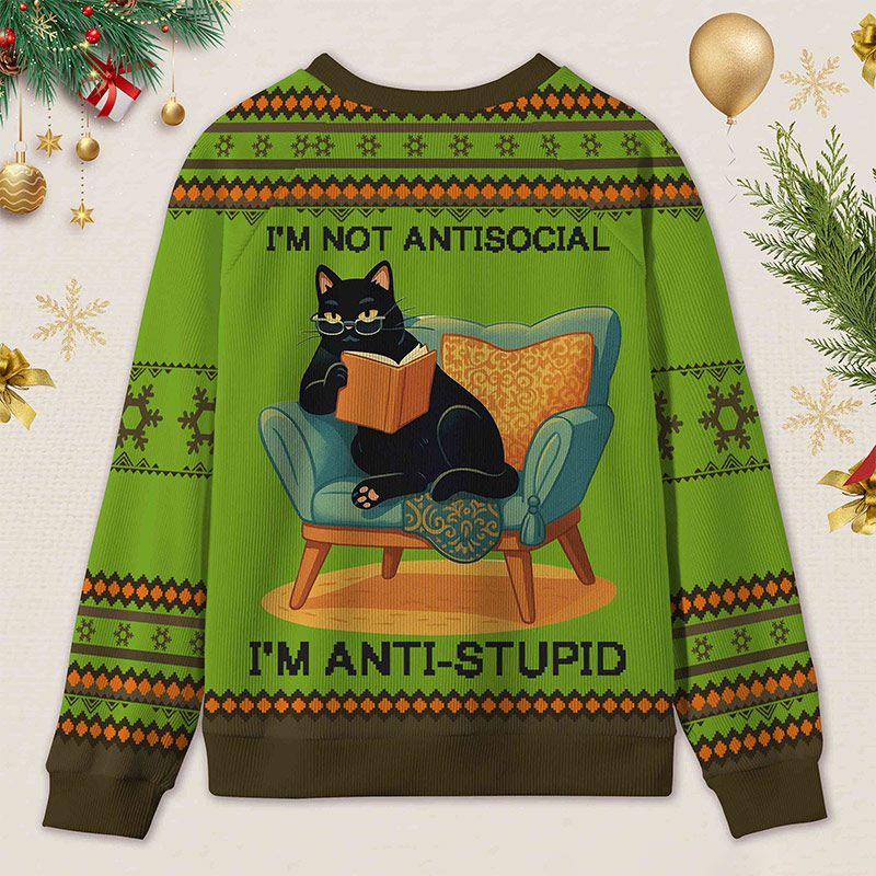 Personalized Wise Bookish Cat Reading Ugly Sweater Holiday Gift for Book Lovers