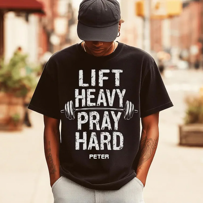 Personalized Lift Heavy Pray Hard T-Shirt Jesus And Gym Lover Shirt Bodybuilder Christian Dad Gift Weightlifter Christian Gym Shirt for Fitness Enthusiasts Bodybuilders and Gym Lovers