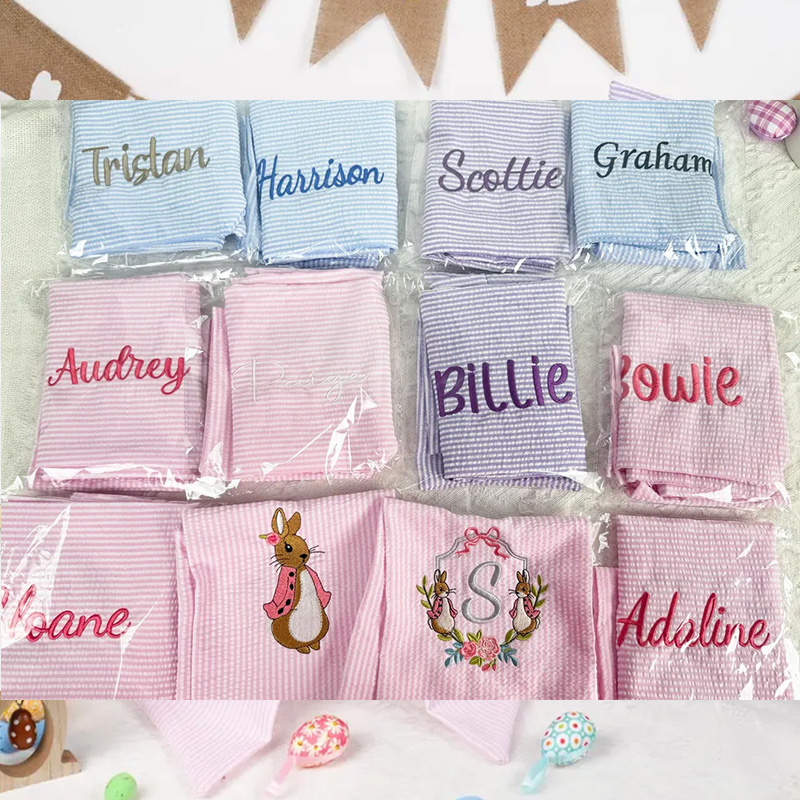 Personalized Seersucker Easter Basket Bow Monogrammed Bunny Design Easter Basket Decoration Kids Gift Spring Bunny Accessory