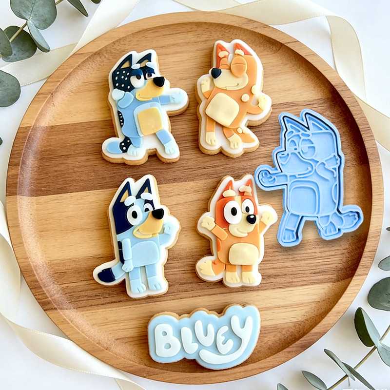 Blue Dog Cookie Cutters Set with Stamps 5 Piece Set  Cute Cookie Stamp Party Baking Gifts Birthday Party Gifts for Baking Lover
