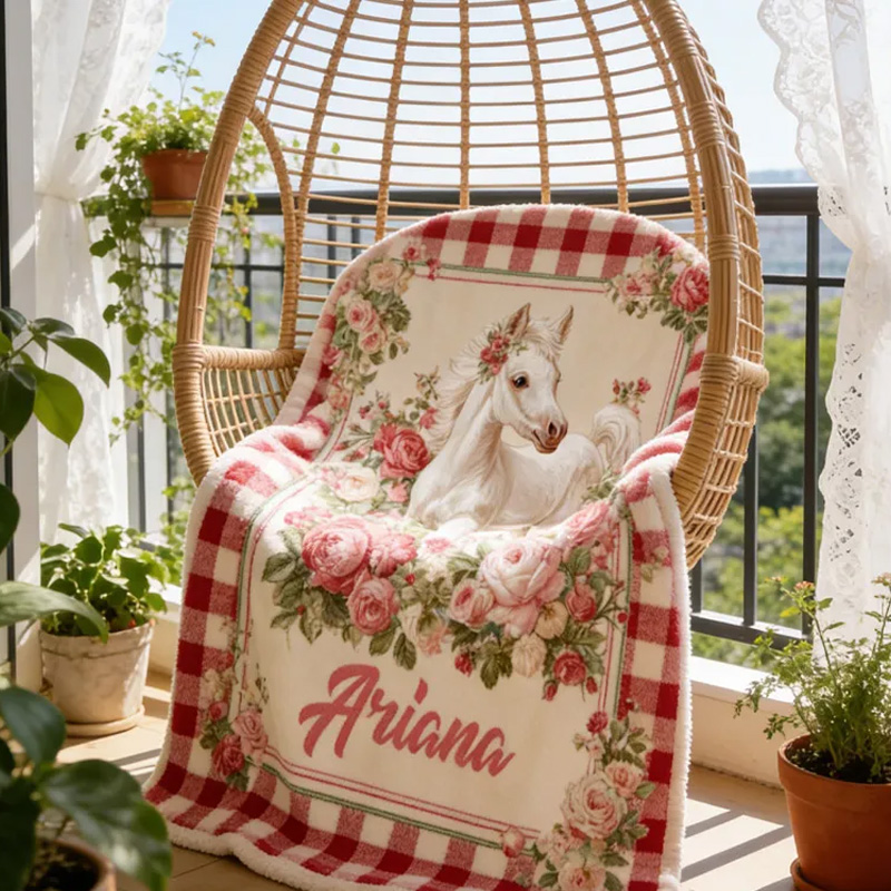 Personalized Riding Plaid Blanket Equestrian Horse Custom Name with French Countryside Gifts Family Blanket for Riding Lovers Equestrian Lovers