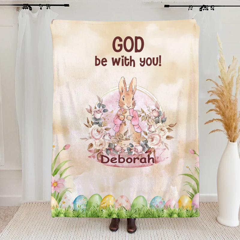 Personalized God Be with You Floral Easter Eggs Bow Cross Rabbit Soft Throw Blanket with Name Home Decor Easter Gift for Christians
