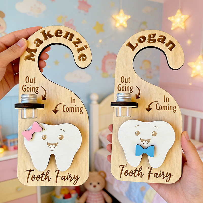 Personalized Tooth Fairy Door Hanger Custom Name Tooth Holder with Jar and Money Slot Kids Tooth Fairy Gift for Boys and Girls