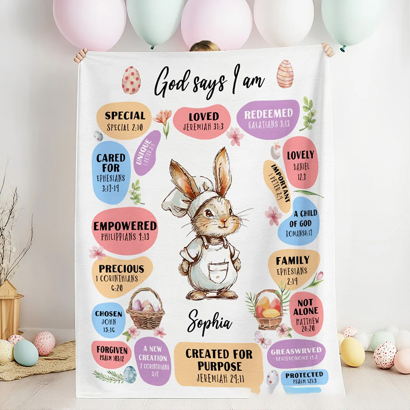 Personalized God Says I Am Dream Job Bunny Soft Throw Blanket with Name Home Decor Birthday Gift Easter Gift for Kids 