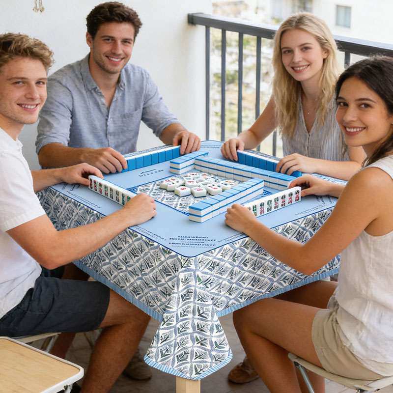 Mahjong Tablecloth 55" x 55" Polyester Blue Block Print Floral Flower Square Instructional Design with Rules for Family Game Night Party Favor Supplies