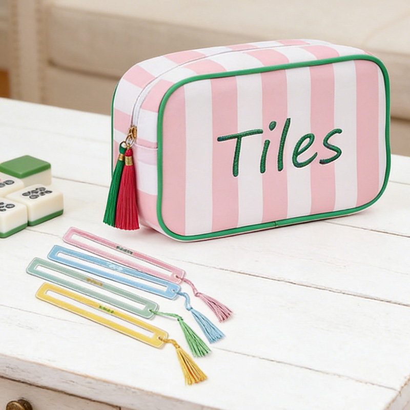 Empty Mahjong Tiles Bag with 4 Pcs Acrylic Mahjong Line Finder Cards Mahjong Tile Bags with Zipper for Game Party Travel Gatherings Pink Green Blue Red Purple