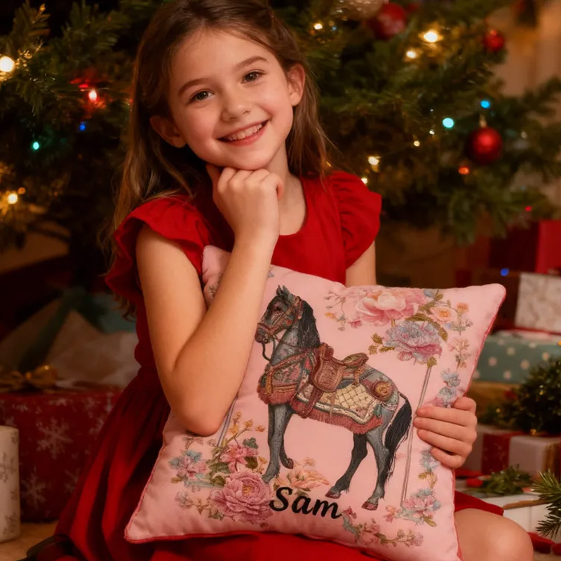 Personalized Riding Floral Horse Pillow Floral Horse Custom Name Festive Flower Decor with French Countryside Gifts for Family Graphic 3D Print Riding Lovers