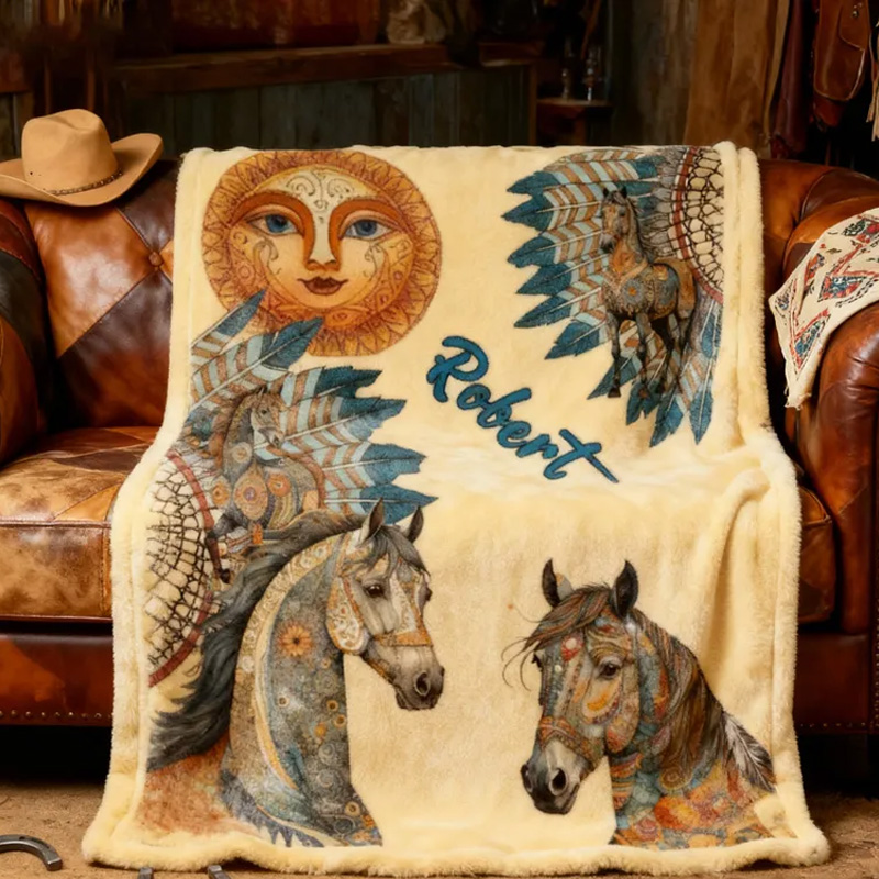 Personalized Riding Feather Sun Blanket Flower Horse Custom Name Festive Flower Decor with French Countryside Gifts Family Blanket for Riding Lovers Equestrian Lovers