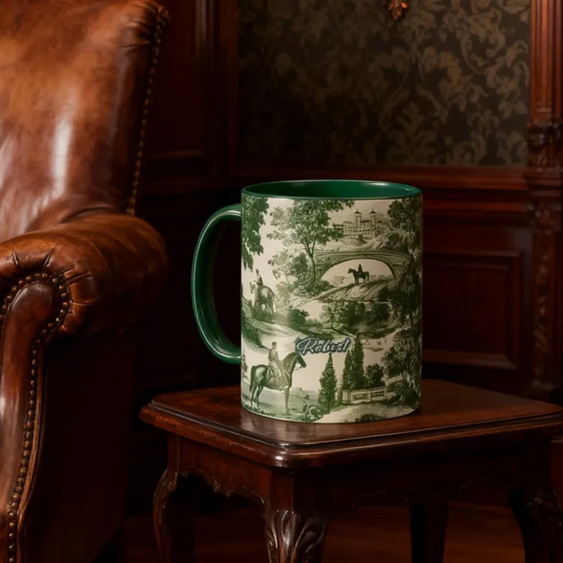 Personalized Riding Mug Green Toile Equestrian Mug Horse Lovers French Toile de Jouy Coffee Cup Gift for Coffee Cup Bicycle Tea Cup Riding Ceramic Mug Gift for Riding Lovers Equestrian Lovers