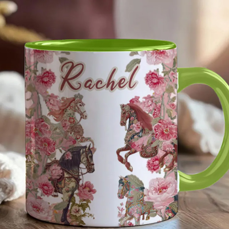 Personalized Riding Mug Floal Mug Horse Lovers French Toile de Jouy Coffee Cup Gift for Coffee Cup Bicycle Tea Cup Riding Ceramic Flower Mug Gift for Riding Lovers Equestrian Lovers