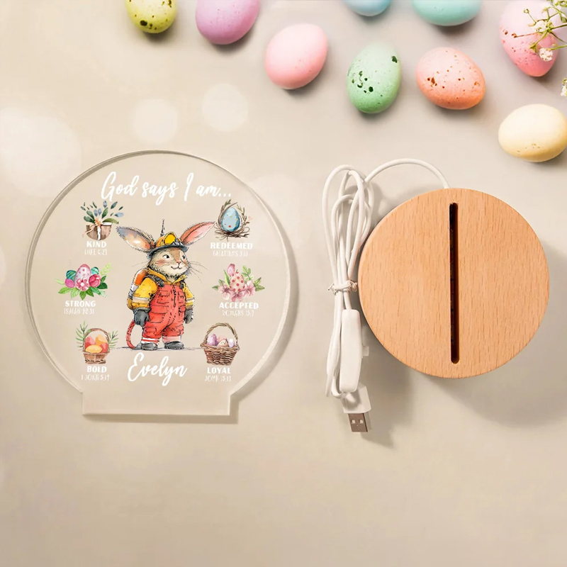 Personalized Bunny Career God Says I Am Name LED Night Light with Wooden Base Nursery Decor Birthday Easter Gift for Christian