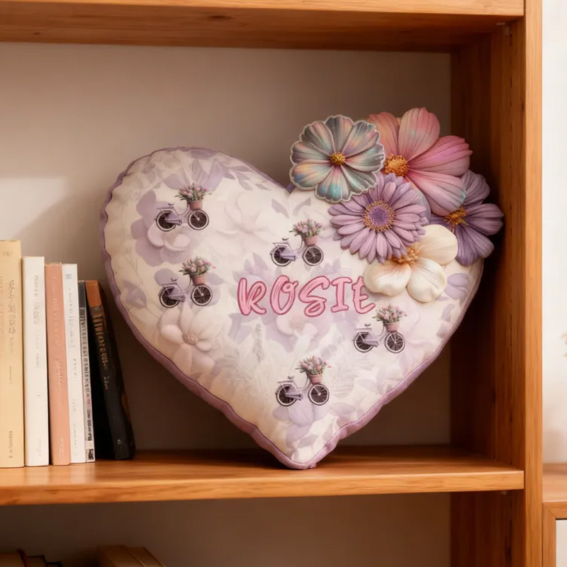 Personalized Floral Heart Bike Pillow Custom Name Festive Decor with Bicycle Flower Christmas Gifts for Family Graphic 3D Print Cycling Riding Lovers