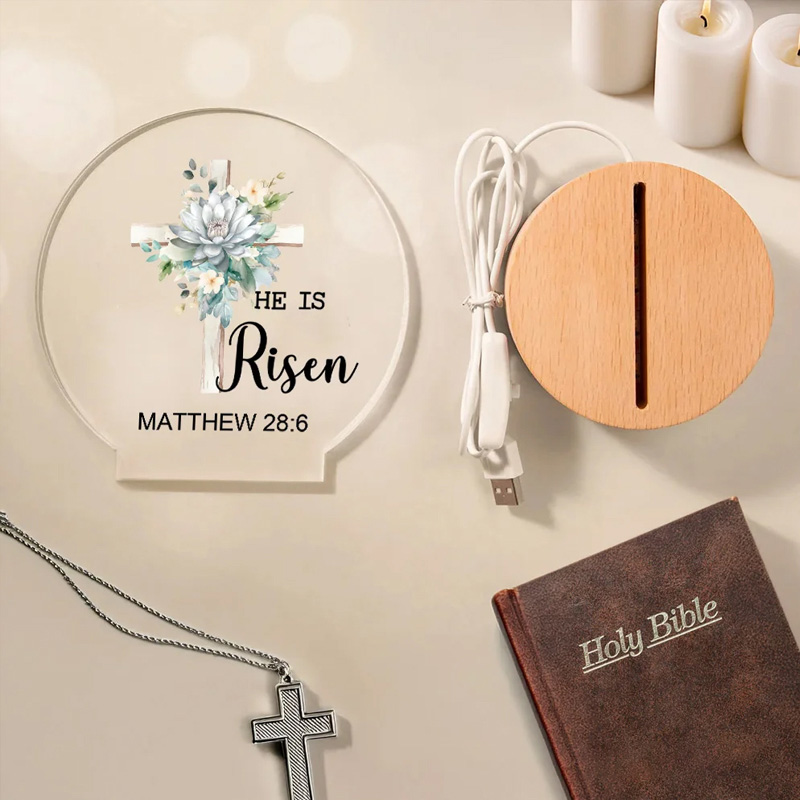 Personalized He Is Risen Cross 1-5 Birth Flowers LED Night Light with Text and Wooden Base Home Decor Easter Gift for Christian