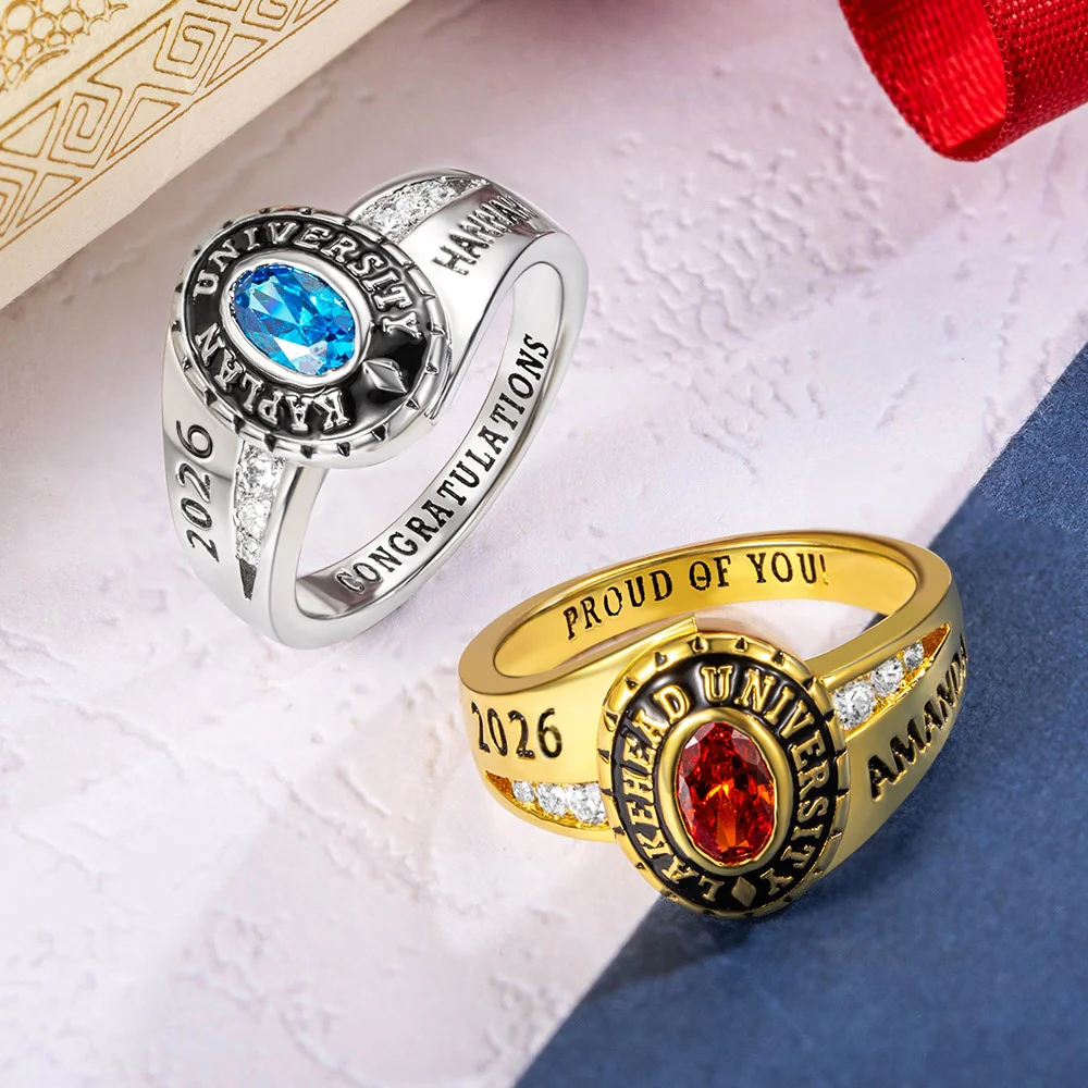 Personalized Class Rings for Men Women, Sterling Silver Birthstone Name Graduation Ring Senior Rings Gifts for Graduates