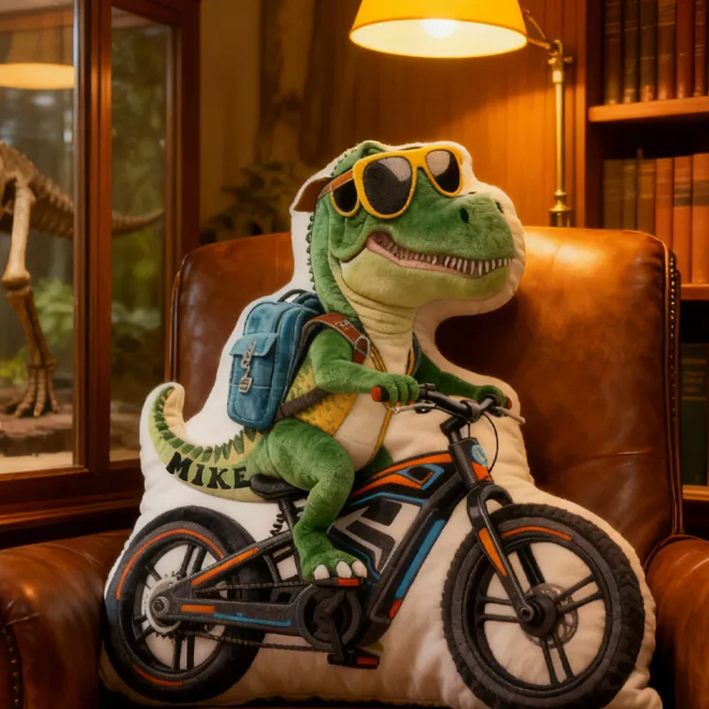 Personalized Dino Rider Bike Pillow Cozy Graphic 3D Print Cool Racing Biker Dino Pillow Name Pillow Comfortable Travel Cushion for Kids Boys Riding Lovers