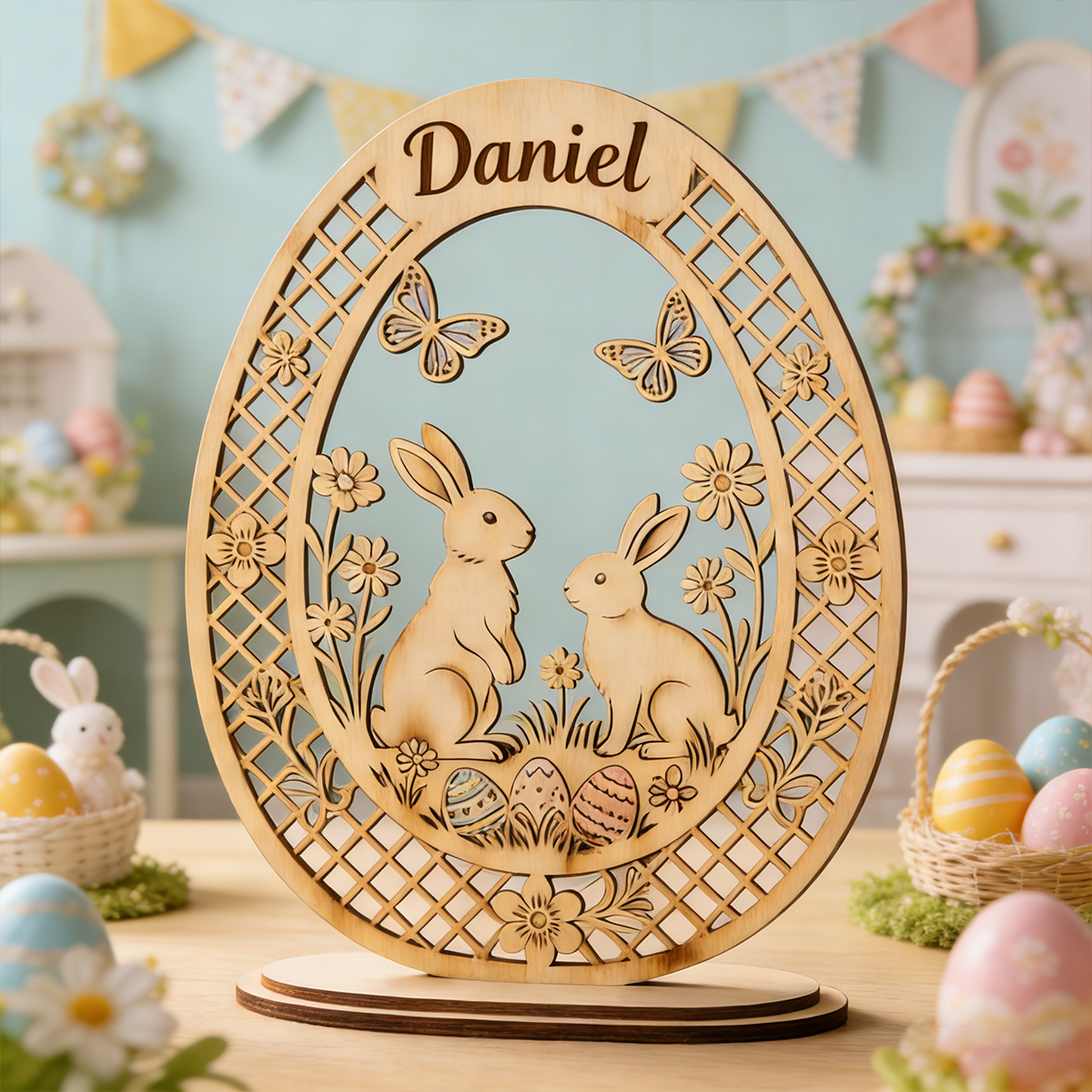 Personalized Custom Name 2PCS Unfinished Wooden Easter Egg Cutouts with Bunny, DIY Easter Tabletop Decor Blanks