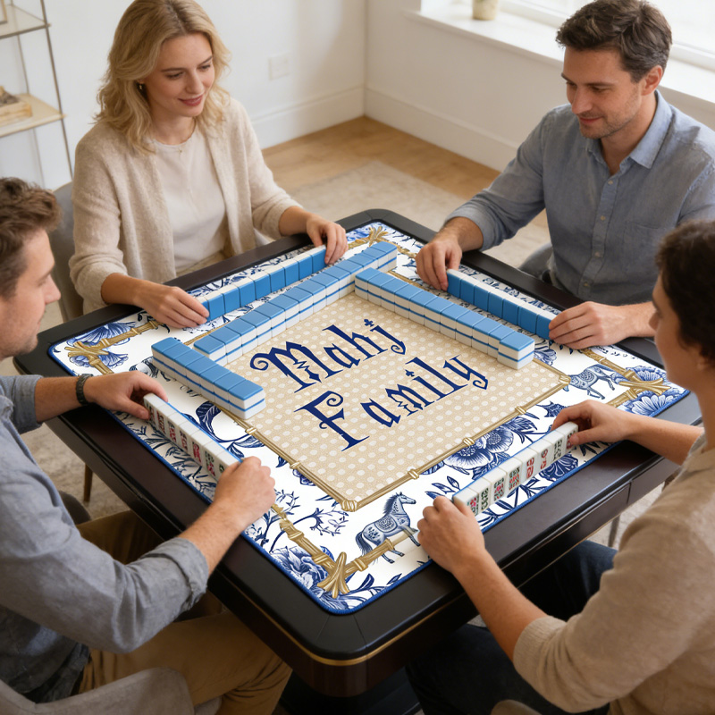 Personalized Mahjong Blue White Porcelain Horse Mahjong Mat Custom Text Gift Neoprene Game Surface Travel Portable Playing for Equestrian Lovers