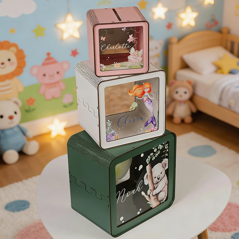 Personalized Wooden Piggy Bank Acrylic Glass Coin Bank Custom Name Gift for kids