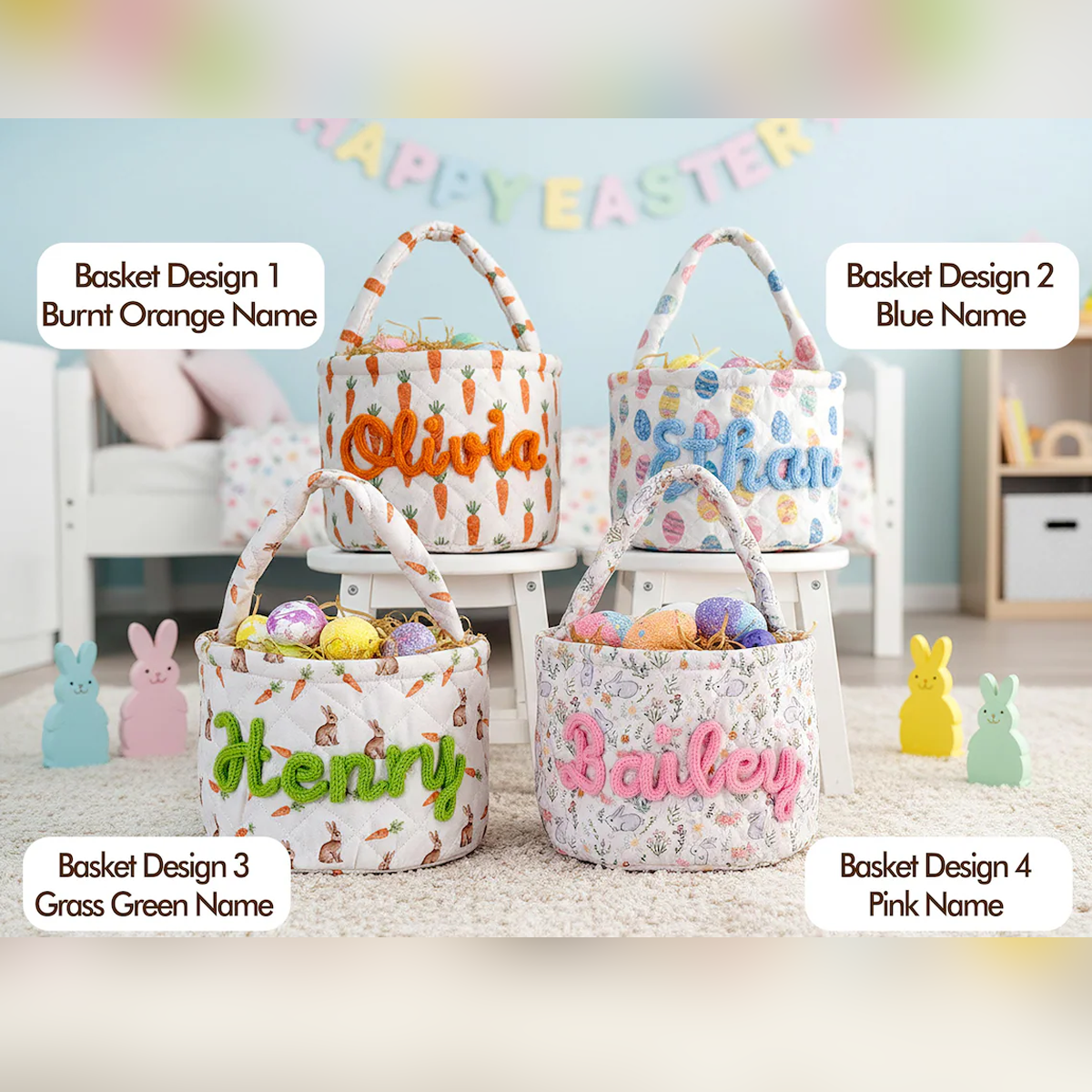 Personalized Quilted Easter Basket – Custom Name Embroidered Kids Egg Hunt Tote (4 Designs)