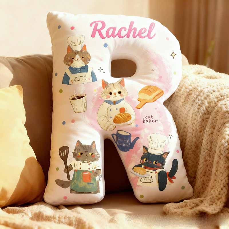 Personalized Cat Lover Cooking Bread Letter Pillow with Custom Name Graphic 3D Print