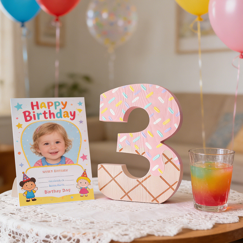 Ice Cream Number 3 Pink Sprinkles Personalized Wooden Birthday Decor