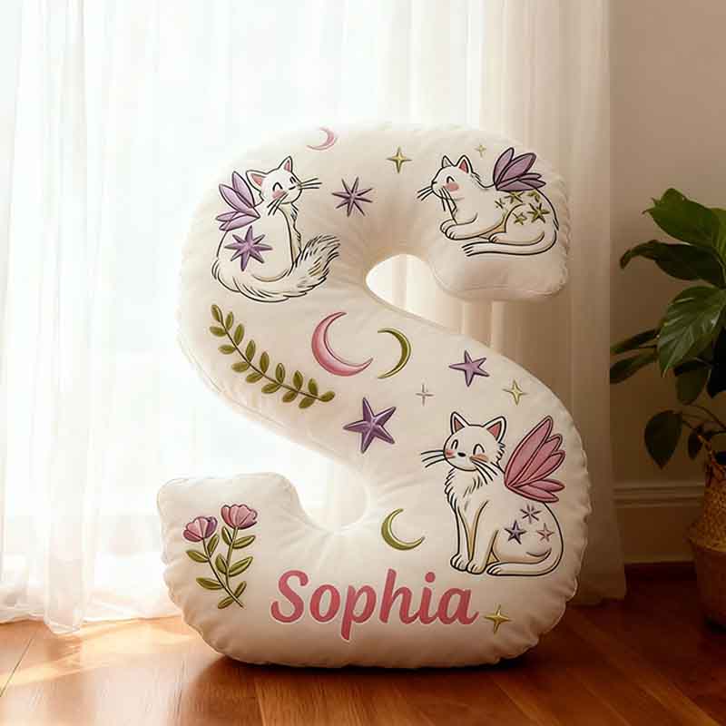 Personalized Cat Lover Mystical Cats with Wings Letter Pillow with Custom Name Graphic 3D Print