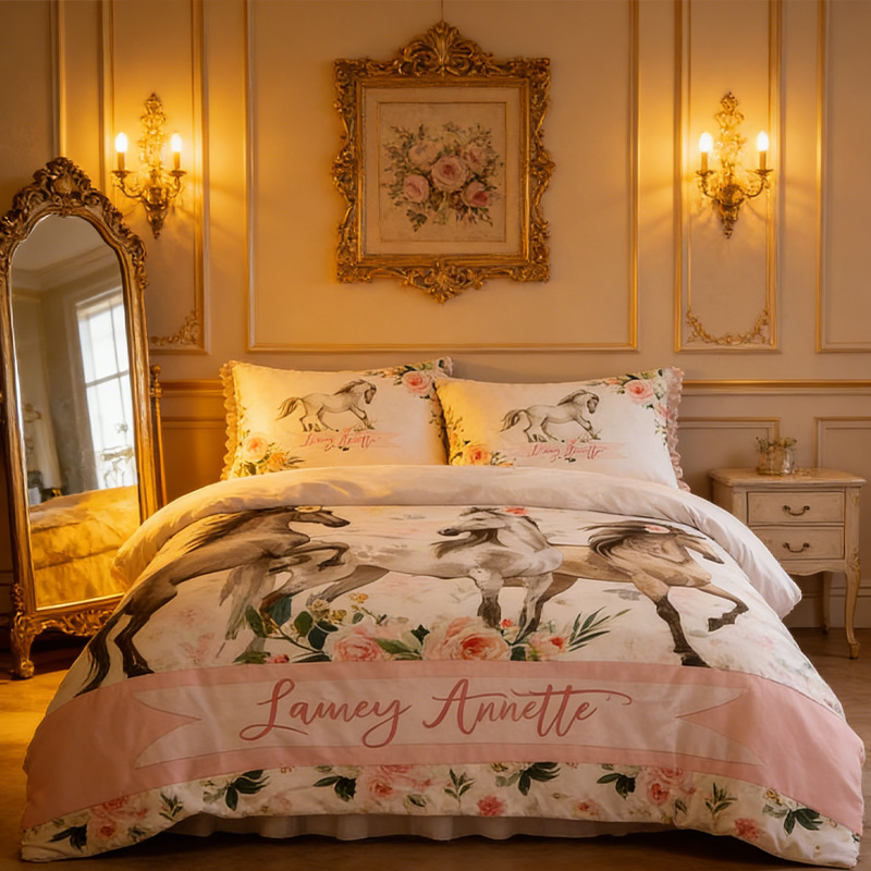 Personalized Horses Duvet Cover Farmhouse Floral Bedding Gift for Equestrian Lovers