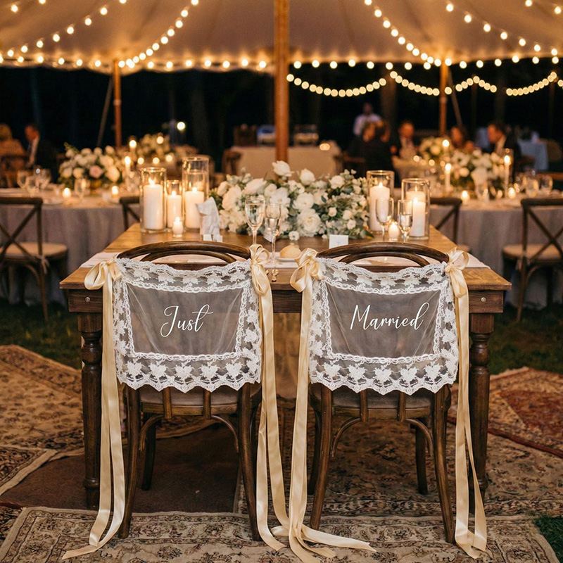Personalized Wedding Chair Banner Just Married Sign Sheer Sweetheart Table Decor for Bride and Groom