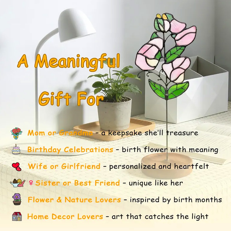 Personalized SStained Glass Birth Month Flower Birthday Suncatcher Custom Glass Flower Plant Stake Home Decor Gift for Her Mom Grandma