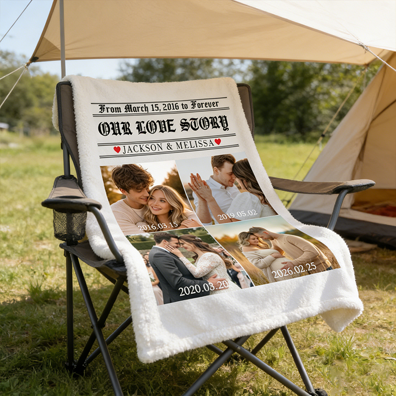 Personalized Couple Love Story Poster Design Photo Blanket with Time and Name Newlywed Wedding Newspaper Blanket Anniversary Gift for Husband