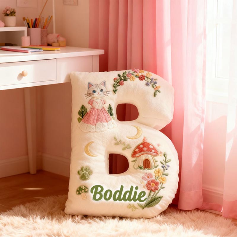 Personalized Cat Lover Mushroom House Forest Flower Letter Pillow with Custom Name Pillow for Kid Graphic 3D Print