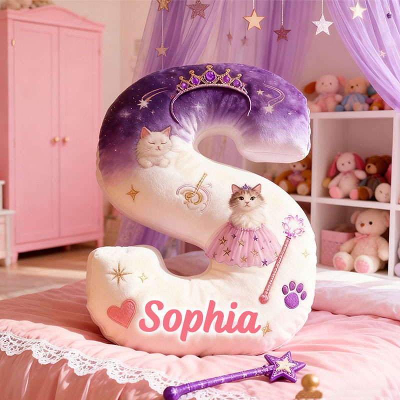 Personalized Cat Lover Princess Letter Pillow with Custom Name Pillow for Kid Graphic 3D Print